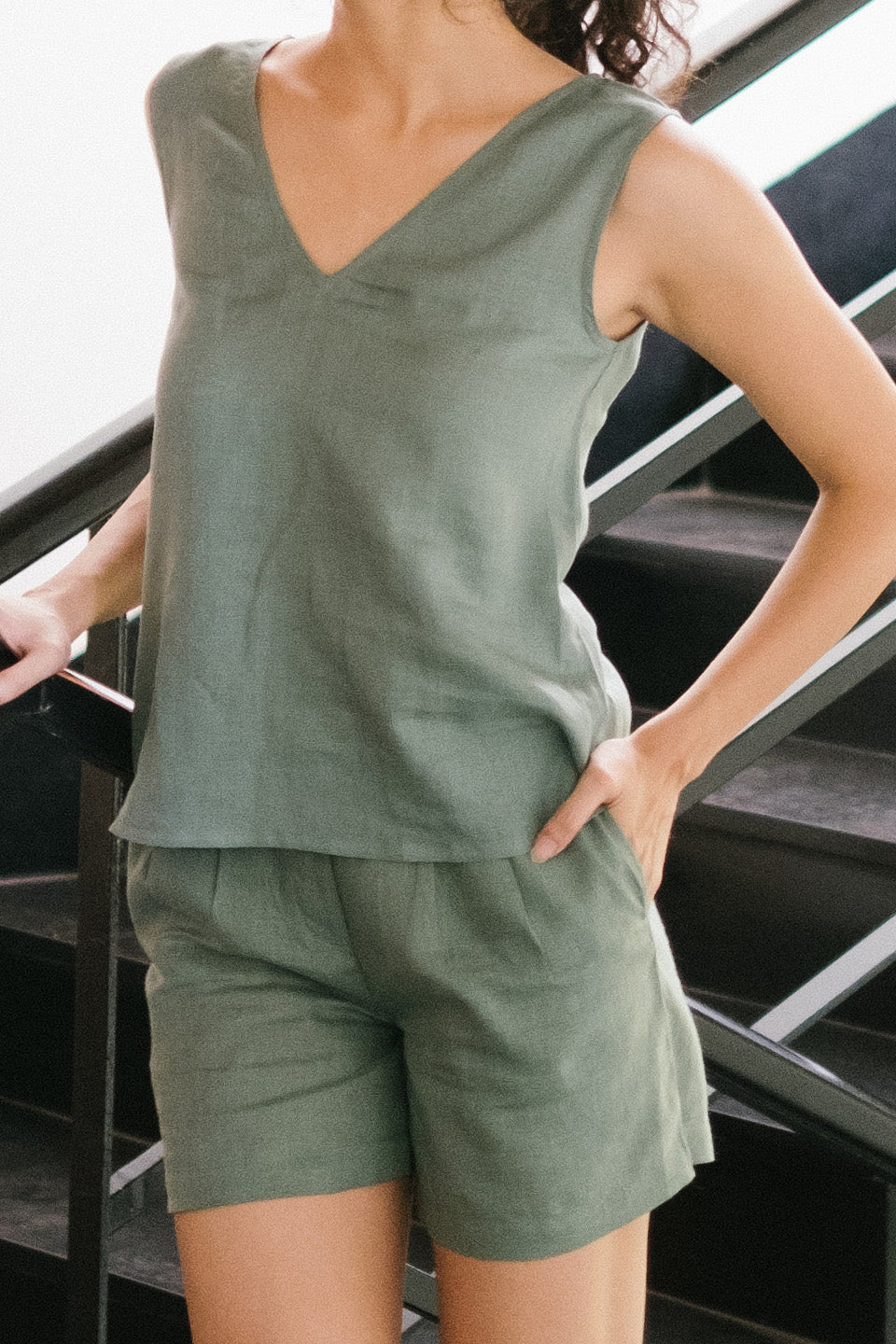 Linen Co-ord Set with V Neck Tank and Tailored Shorts