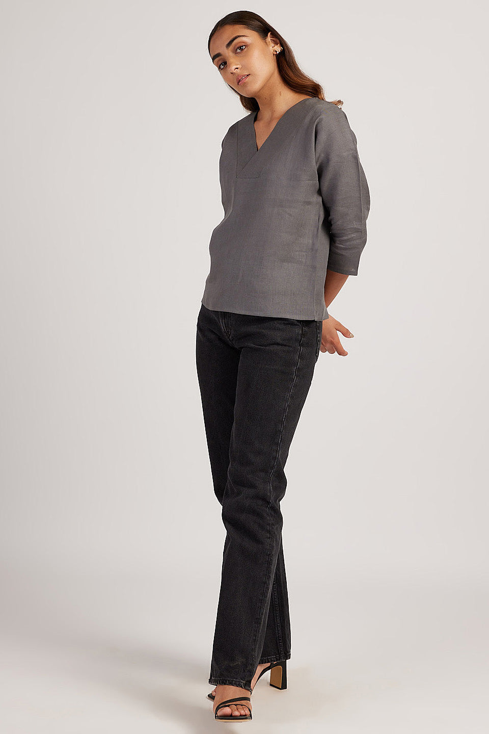 Joss Grey Linen V Neck Top